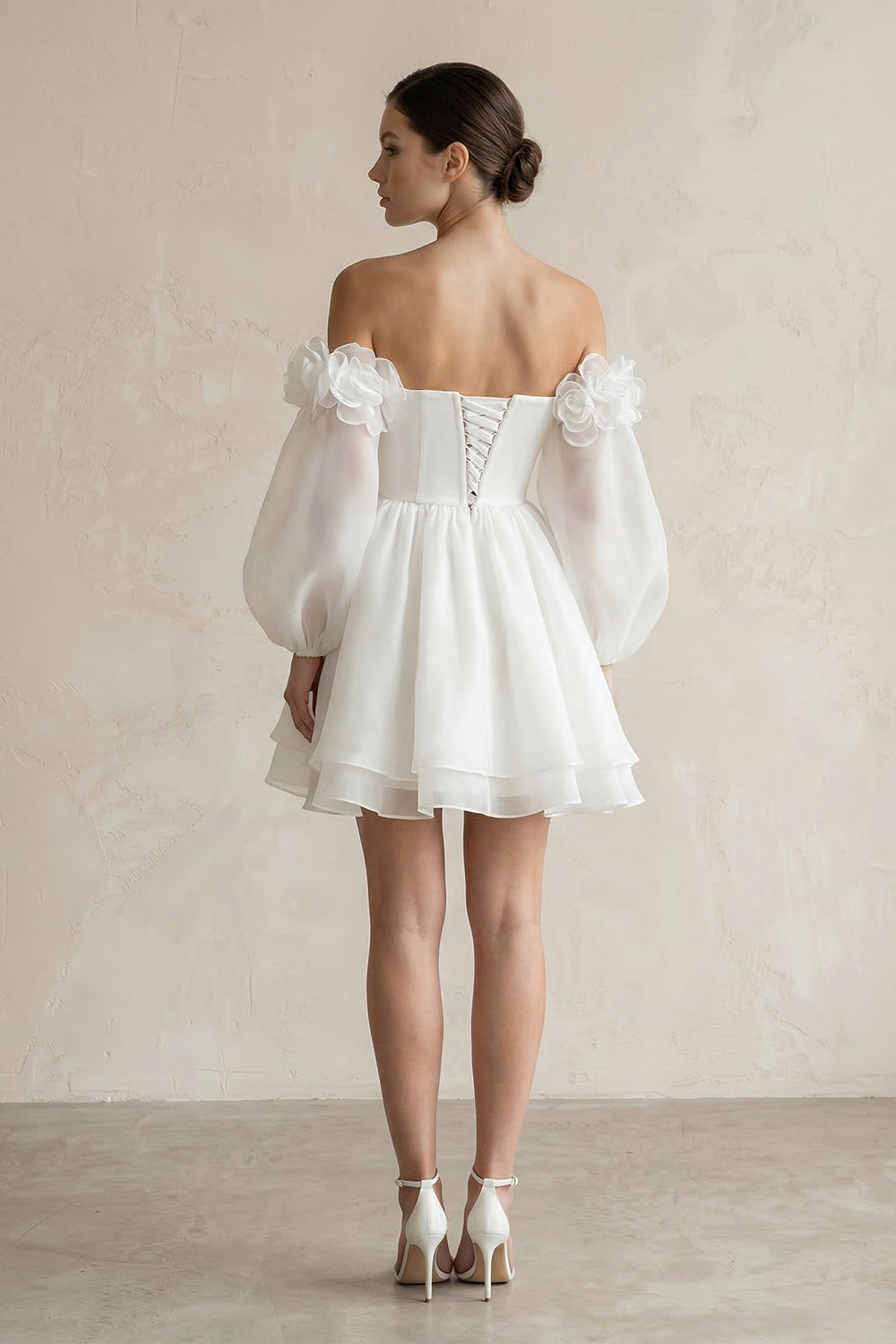 Off - the - Shoulder 3D - Flower Chiffon Long Sleeve Wedding Dress in Ivory - KISS BRIDAL Wedding Dresses
