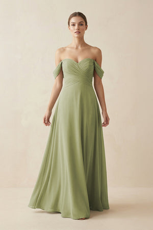 A-Line Off-the-Shoulder Chiffon Bridesmaid Dress in Moss Green - SHE IS ME BRIDESMAID DRESSES