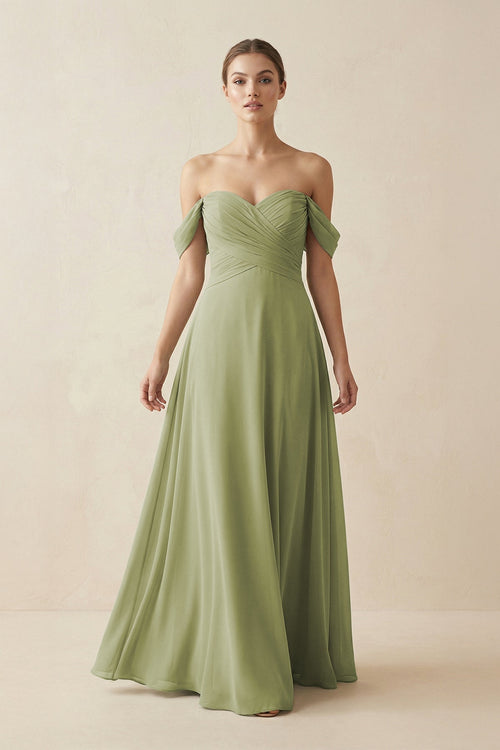 A-Line Off-the-Shoulder Chiffon Bridesmaid Dress in Moss Green - SHE IS ME BRIDESMAID DRESSES