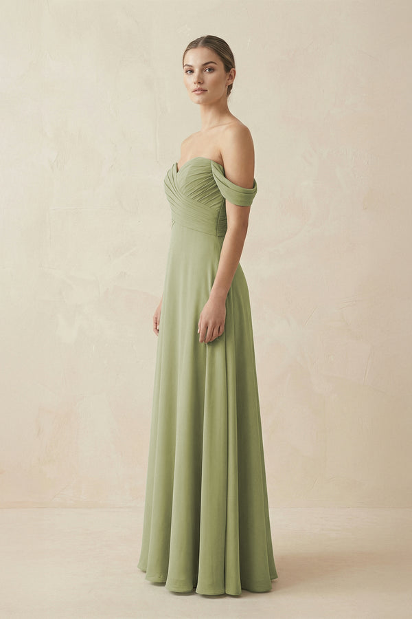 A-Line Off-the-Shoulder Chiffon Bridesmaid Dress in Moss Green - SHE IS ME BRIDESMAID DRESSES