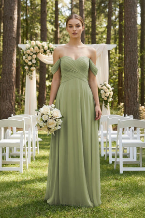 A-Line Off-the-Shoulder Chiffon Bridesmaid Dress in Moss Green - SHE IS ME BRIDESMAID DRESSES
