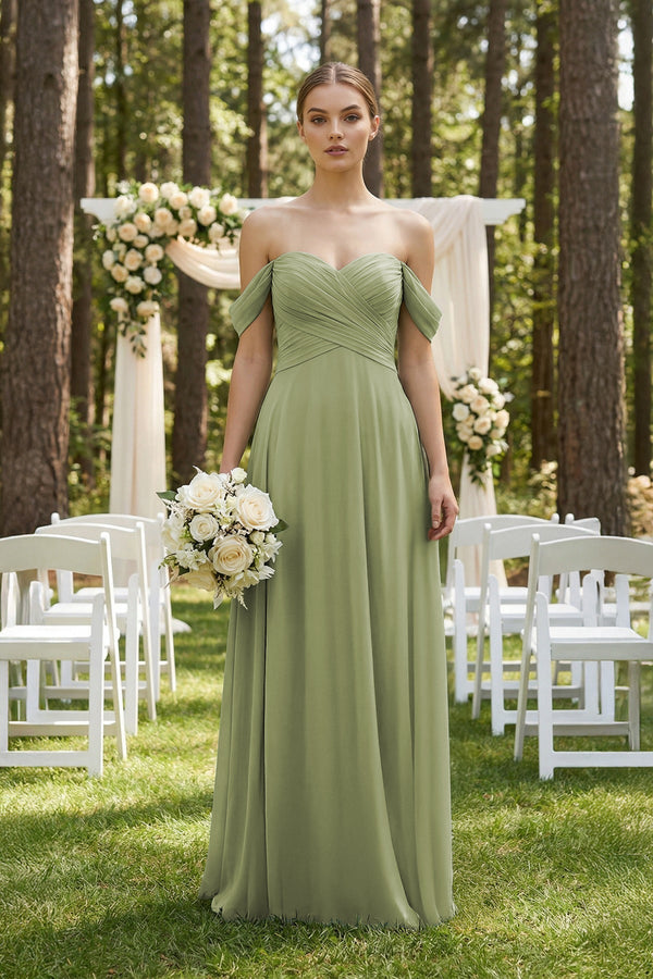 A-Line Off-the-Shoulder Chiffon Bridesmaid Dress in Moss Green - SHE IS ME BRIDESMAID DRESSES
