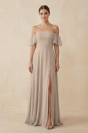 Off - the - Shoulder A - Line Chiffon Bridesmaid Dress in Almond - KISS BRIDAL Bridesmaid Dresses