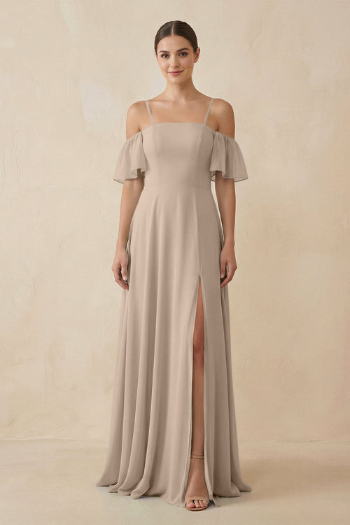 Off - the - Shoulder A - Line Chiffon Bridesmaid Dress in Almond - KISS BRIDAL Bridesmaid Dresses