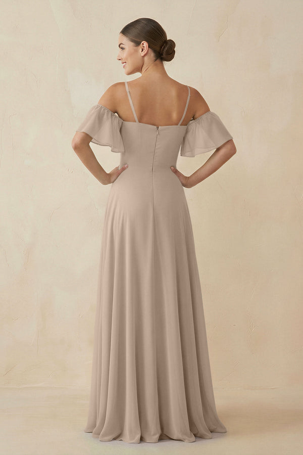 Off - the - Shoulder A - Line Chiffon Bridesmaid Dress in Almond - KISS BRIDAL Bridesmaid Dresses