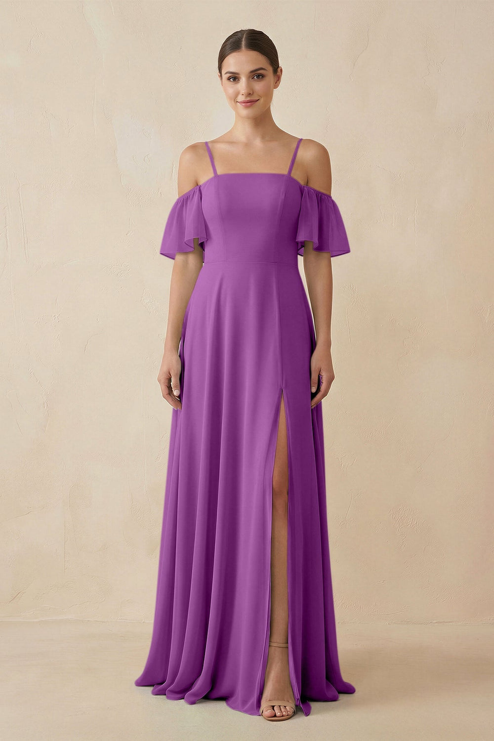 Off - the - Shoulder A - Line Chiffon Bridesmaid Dress in Amethyst - KISS BRIDAL Bridesmaid Dresses
