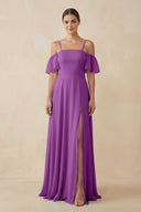 Off - the - Shoulder A - Line Chiffon Bridesmaid Dress in Amethyst - SHE IS ME Bridesmaid Dresses