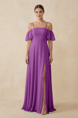 Off - the - Shoulder A - Line Chiffon Bridesmaid Dress in Amethyst - KISS BRIDAL Bridesmaid Dresses