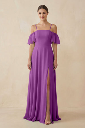Off - the - Shoulder A - Line Chiffon Bridesmaid Dress in Amethyst - SHE IS ME Bridesmaid Dresses