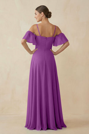 Off - the - Shoulder A - Line Chiffon Bridesmaid Dress in Amethyst - SHE IS ME Bridesmaid Dresses