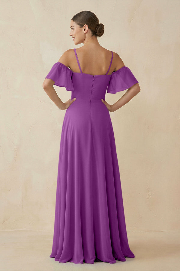 Off - the - Shoulder A - Line Chiffon Bridesmaid Dress in Amethyst - SHE IS ME Bridesmaid Dresses