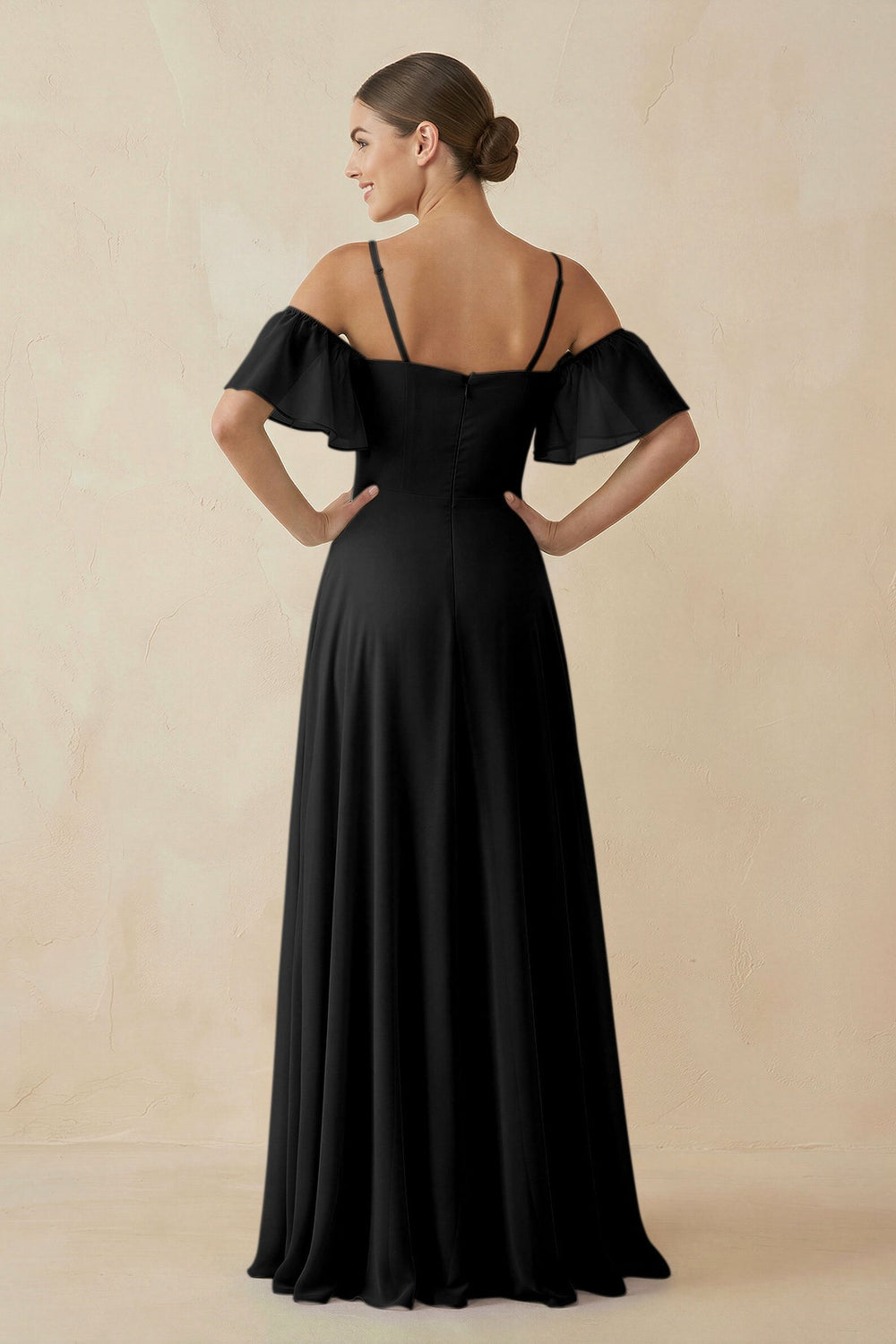 Off - the - Shoulder A - Line Chiffon Bridesmaid Dress in Black - KISS BRIDAL Bridesmaid Dresses