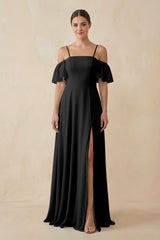 Off - the - Shoulder A - Line Chiffon Bridesmaid Dress in Black - KISS BRIDAL Bridesmaid Dresses
