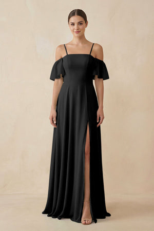 Off - the - Shoulder A - Line Chiffon Bridesmaid Dress in Black - SHE IS ME Bridesmaid Dresses