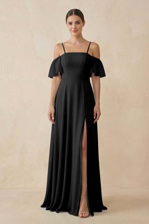 Off - the - Shoulder A - Line Chiffon Bridesmaid Dress in Black - SHE IS ME Bridesmaid Dresses
