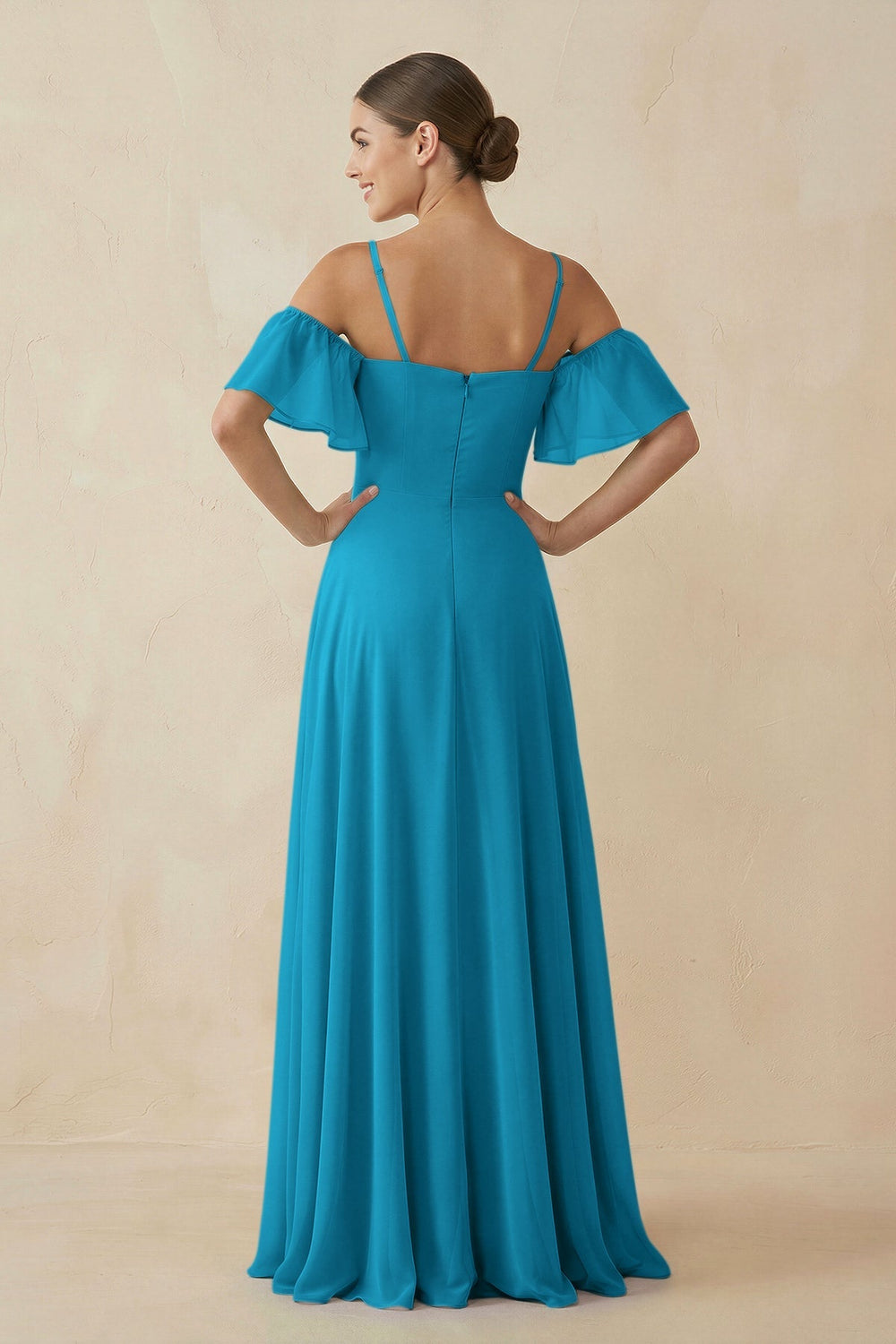 Off - the - Shoulder A - Line Chiffon Bridesmaid Dress in Blue Jay - KISS BRIDAL Bridesmaid Dresses