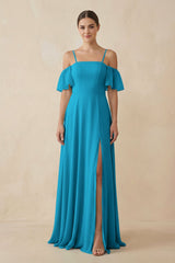 Off - the - Shoulder A - Line Chiffon Bridesmaid Dress in Blue Jay - KISS BRIDAL Bridesmaid Dresses