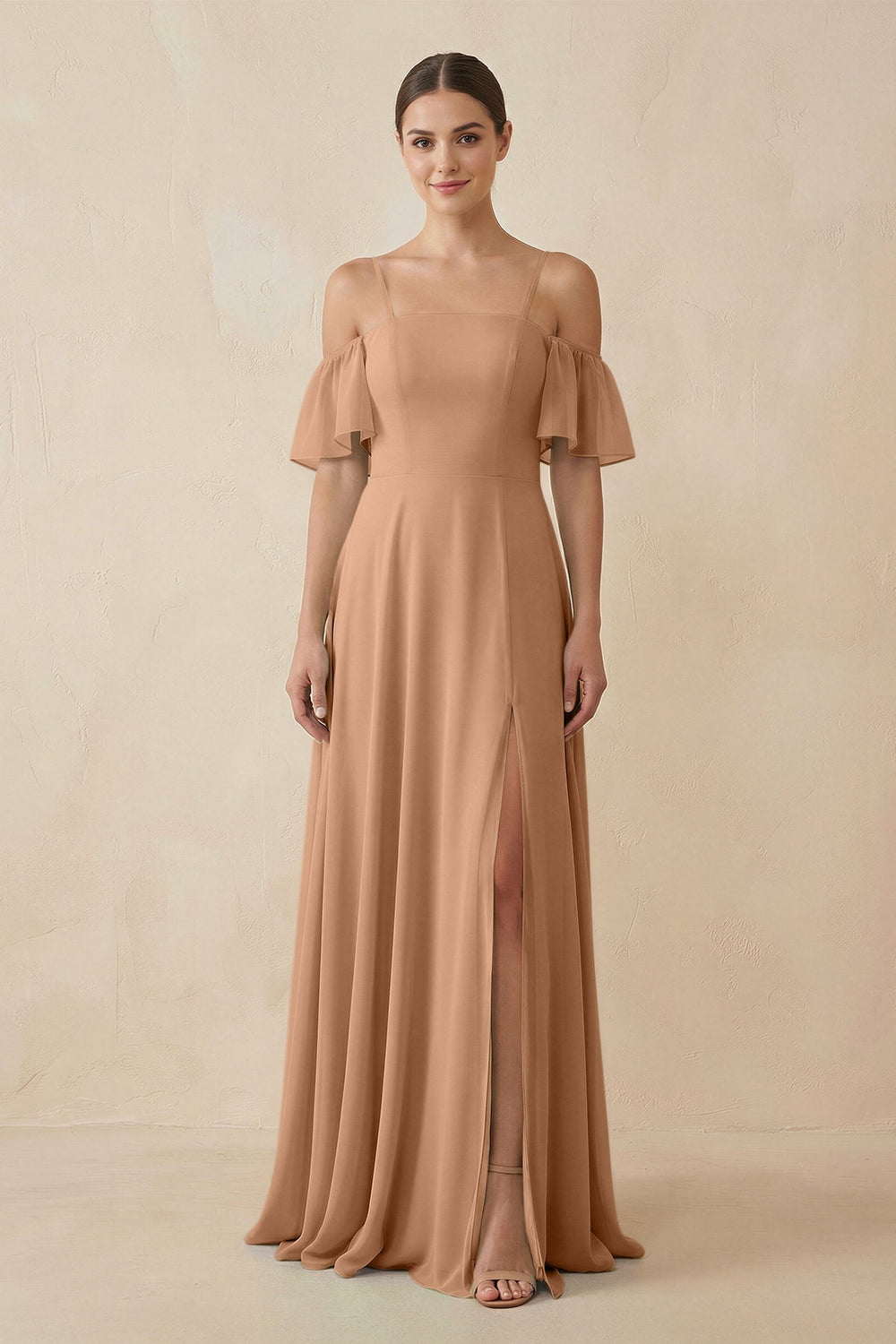 Off - the - Shoulder A - Line Chiffon Bridesmaid Dress in Bronzer - KISS BRIDAL Bridesmaid Dresses