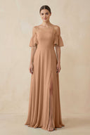 Off - the - Shoulder A - Line Chiffon Bridesmaid Dress in Bronzer - KISS BRIDAL Bridesmaid Dresses
