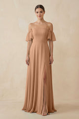 Off - the - Shoulder A - Line Chiffon Bridesmaid Dress in Bronzer - KISS BRIDAL Bridesmaid Dresses