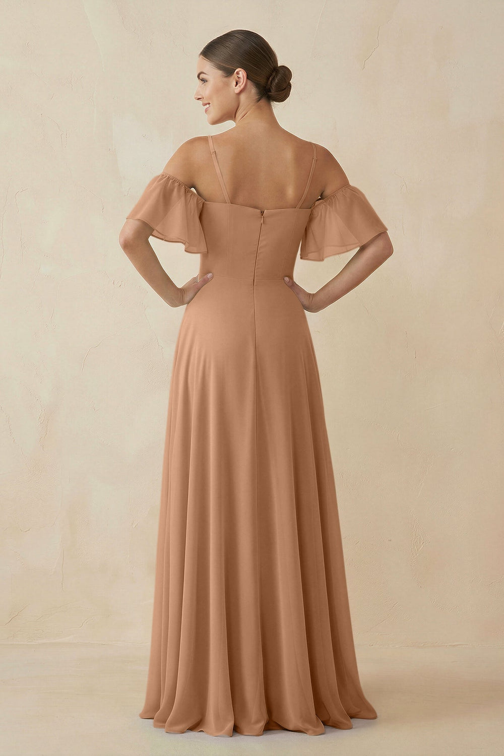 Off - the - Shoulder A - Line Chiffon Bridesmaid Dress in Bronzer - KISS BRIDAL Bridesmaid Dresses