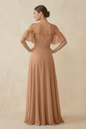 Off - the - Shoulder A - Line Chiffon Bridesmaid Dress in Bronzer - KISS BRIDAL Bridesmaid Dresses