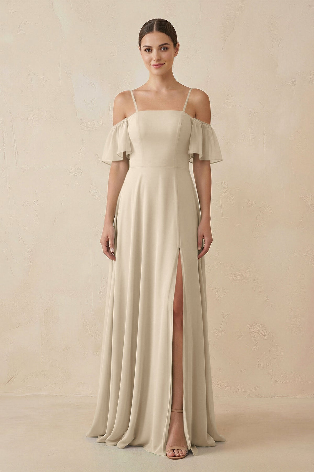 Off - the - Shoulder A - Line Chiffon Bridesmaid Dress in Champagne - KISS BRIDAL Bridesmaid Dresses