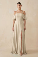 Off - the - Shoulder A - Line Chiffon Bridesmaid Dress in Champagne - KISS BRIDAL Bridesmaid Dresses