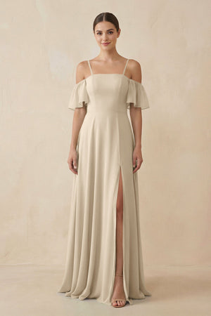 Off - the - Shoulder A - Line Chiffon Bridesmaid Dress in Champagne - KISS BRIDAL Bridesmaid Dresses