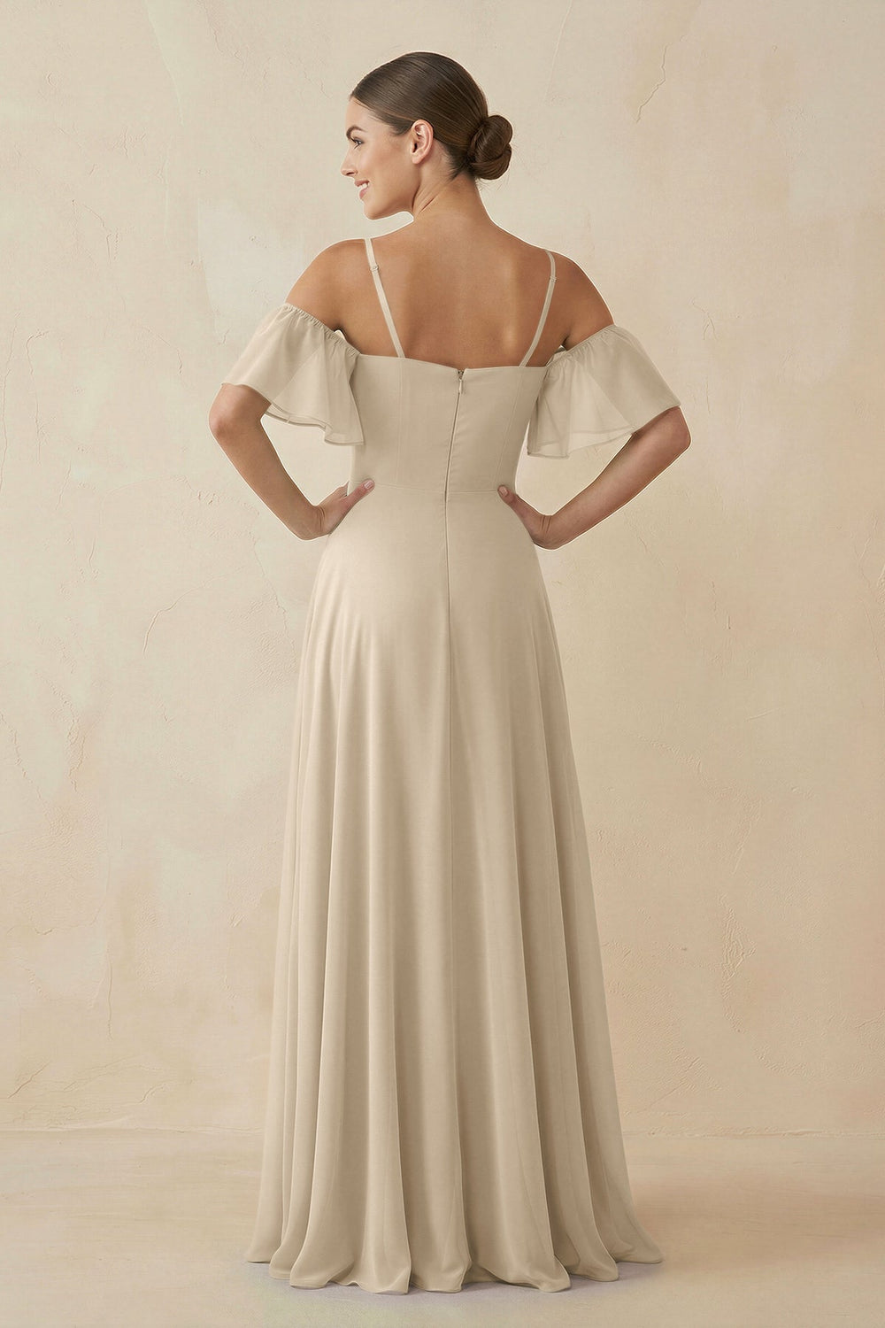 Off - the - Shoulder A - Line Chiffon Bridesmaid Dress in Champagne - KISS BRIDAL Bridesmaid Dresses