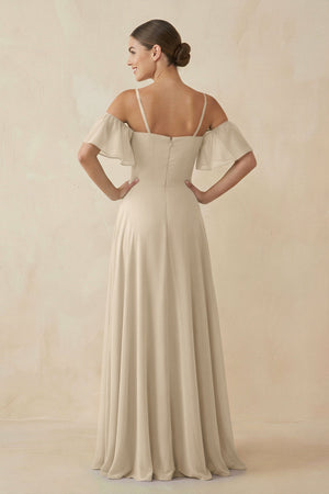 Off - the - Shoulder A - Line Chiffon Bridesmaid Dress in Champagne - KISS BRIDAL Bridesmaid Dresses