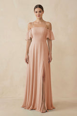 Off - the - Shoulder A - Line Chiffon Bridesmaid Dress in Champagne Rose - KISS BRIDAL Bridesmaid Dresses