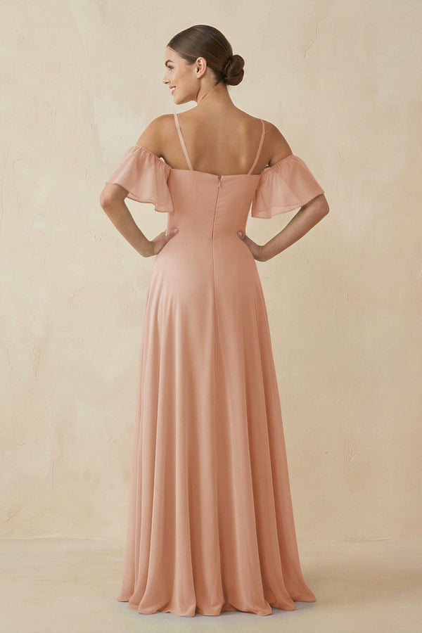 Off - the - Shoulder A - Line Chiffon Bridesmaid Dress in Champagne Rose - KISS BRIDAL Bridesmaid Dresses