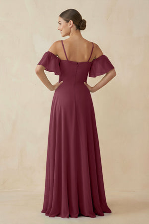 Off-the-Shoulder A-Line Chiffon Bridesmaid Dress in Desert Rose (2) | KISSBRIDAL