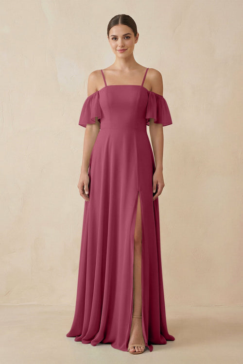 Off - the - Shoulder A - Line Chiffon Bridesmaid Dress in Desert Rose - KISS BRIDAL Bridesmaid Dresses