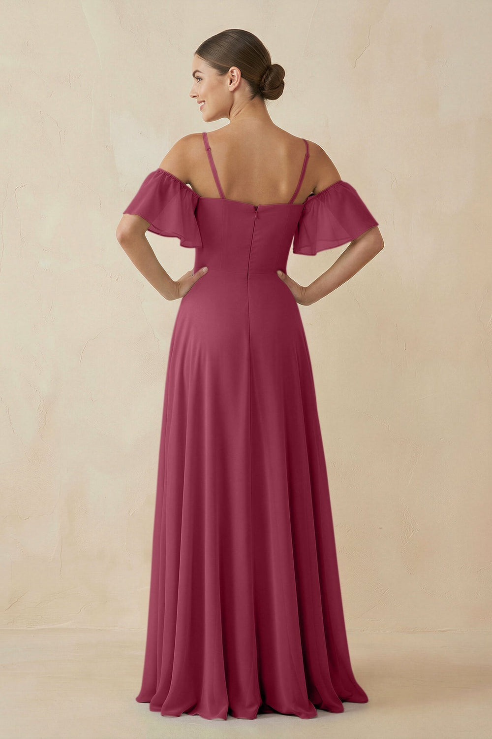 Off - the - Shoulder A - Line Chiffon Bridesmaid Dress in Desert Rose - KISS BRIDAL Bridesmaid Dresses