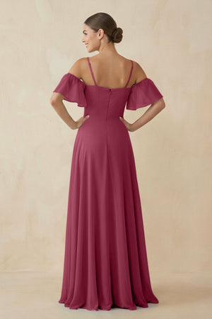 Off - the - Shoulder A - Line Chiffon Bridesmaid Dress in Desert Rose - KISS BRIDAL Bridesmaid Dresses