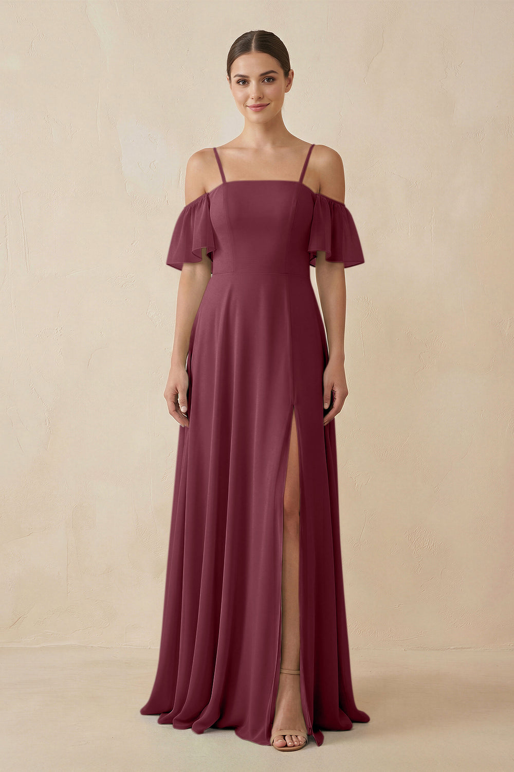 Off-the-Shoulder A-Line Chiffon Bridesmaid Dress in Desert Rose