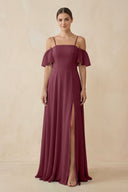 Off-the-Shoulder A-Line Chiffon Bridesmaid Dress in Desert Rose | KISSBRIDAL