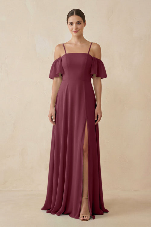 Off-the-Shoulder A-Line Chiffon Bridesmaid Dress in Desert Rose | KISSBRIDAL