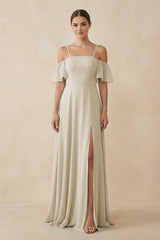 Off - the - Shoulder A - Line Chiffon Bridesmaid Dress in Dove Gray - KISS BRIDAL Bridesmaid Dresses