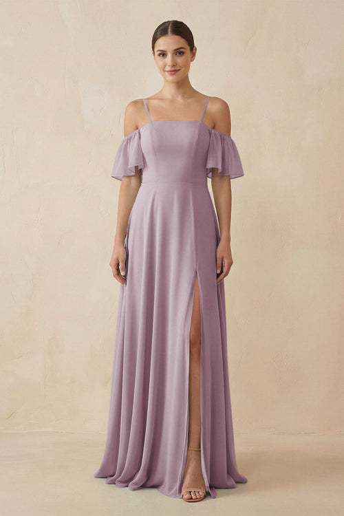 Off - the - Shoulder A - Line Chiffon Bridesmaid Dress in Dusk - KISS BRIDAL Bridesmaid Dresses