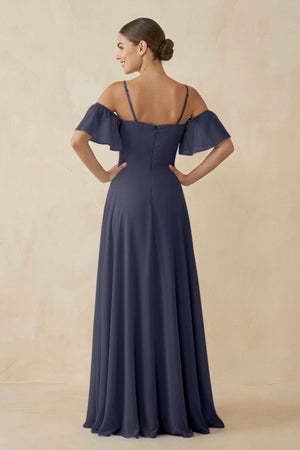 Off - the - Shoulder A - Line Chiffon Bridesmaid Dress in Dusk Blue - KISS BRIDAL Bridesmaid Dresses