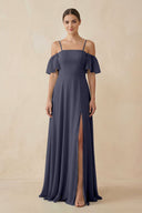 Off - the - Shoulder A - Line Chiffon Bridesmaid Dress in Dusk Blue - KISS BRIDAL Bridesmaid Dresses