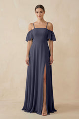 Off - the - Shoulder A - Line Chiffon Bridesmaid Dress in Dusk Blue - KISS BRIDAL Bridesmaid Dresses