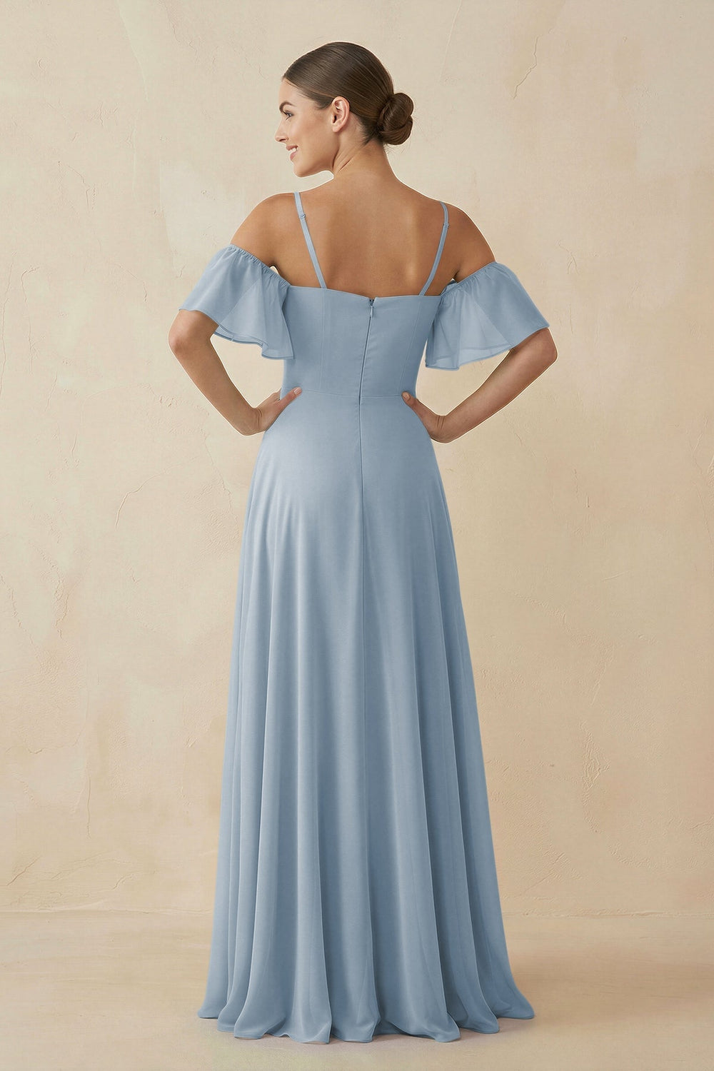 Off - the - Shoulder A - Line Chiffon Bridesmaid Dress in Dusty Blue - KISS BRIDAL Bridesmaid Dresses