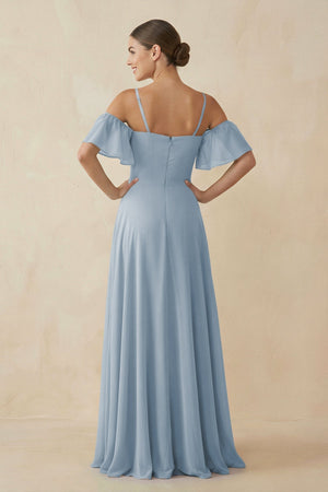 Off - the - Shoulder A - Line Chiffon Bridesmaid Dress in Dusty Blue - KISS BRIDAL Bridesmaid Dresses