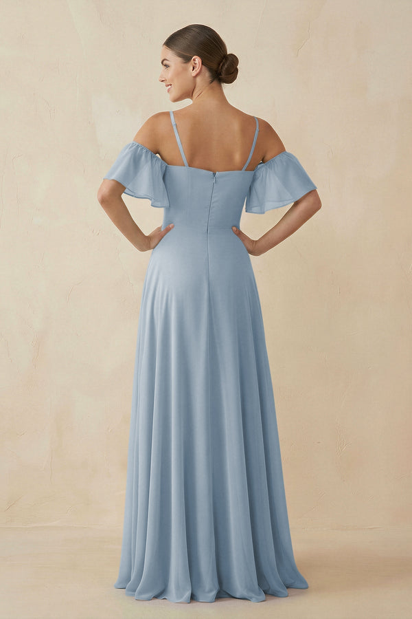 Off - the - Shoulder A - Line Chiffon Bridesmaid Dress in Dusty Blue - KISS BRIDAL Bridesmaid Dresses