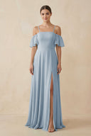 Off - the - Shoulder A - Line Chiffon Bridesmaid Dress in Dusty Blue - KISS BRIDAL Bridesmaid Dresses