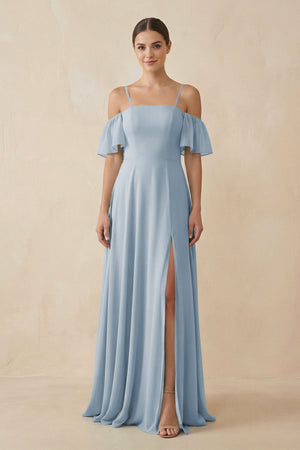 Off - the - Shoulder A - Line Chiffon Bridesmaid Dress in Dusty Blue - KISS BRIDAL Bridesmaid Dresses